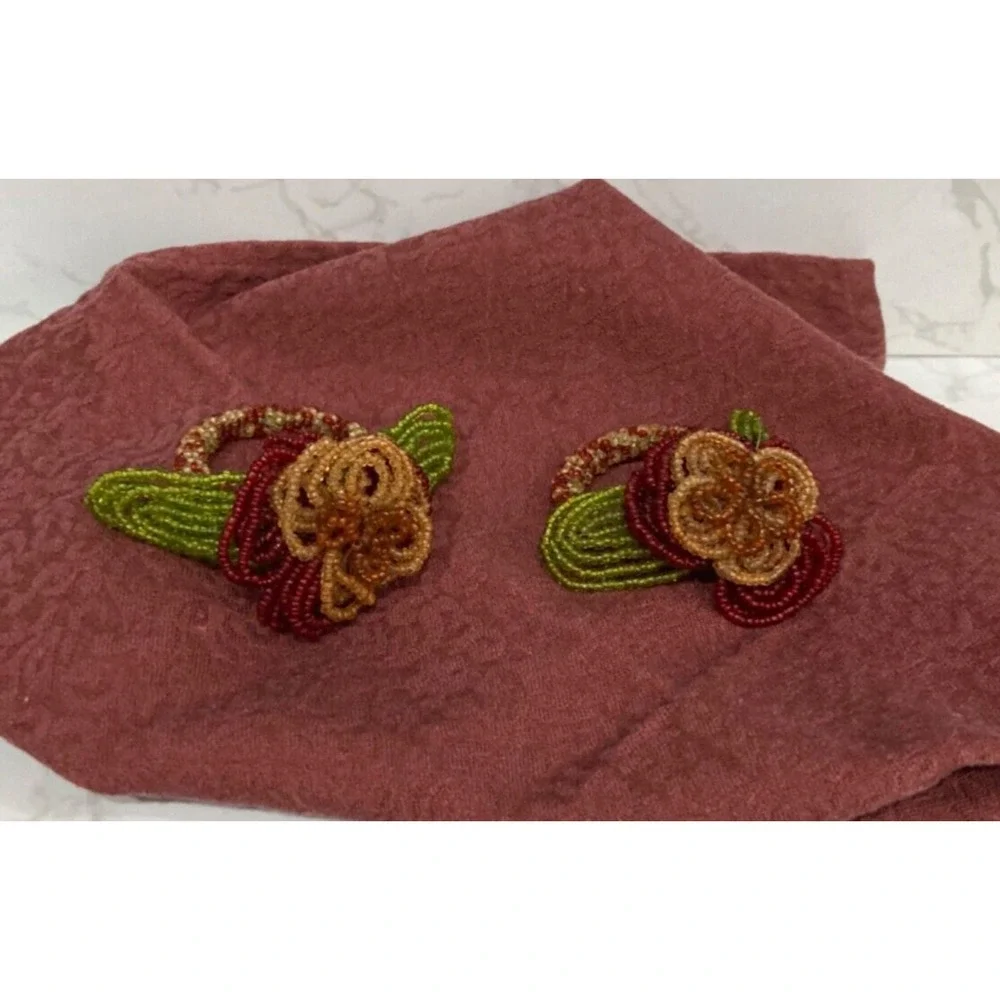 Vintage Beaded Floral Napkin Rings Fall Autumn Bombay Set of 2